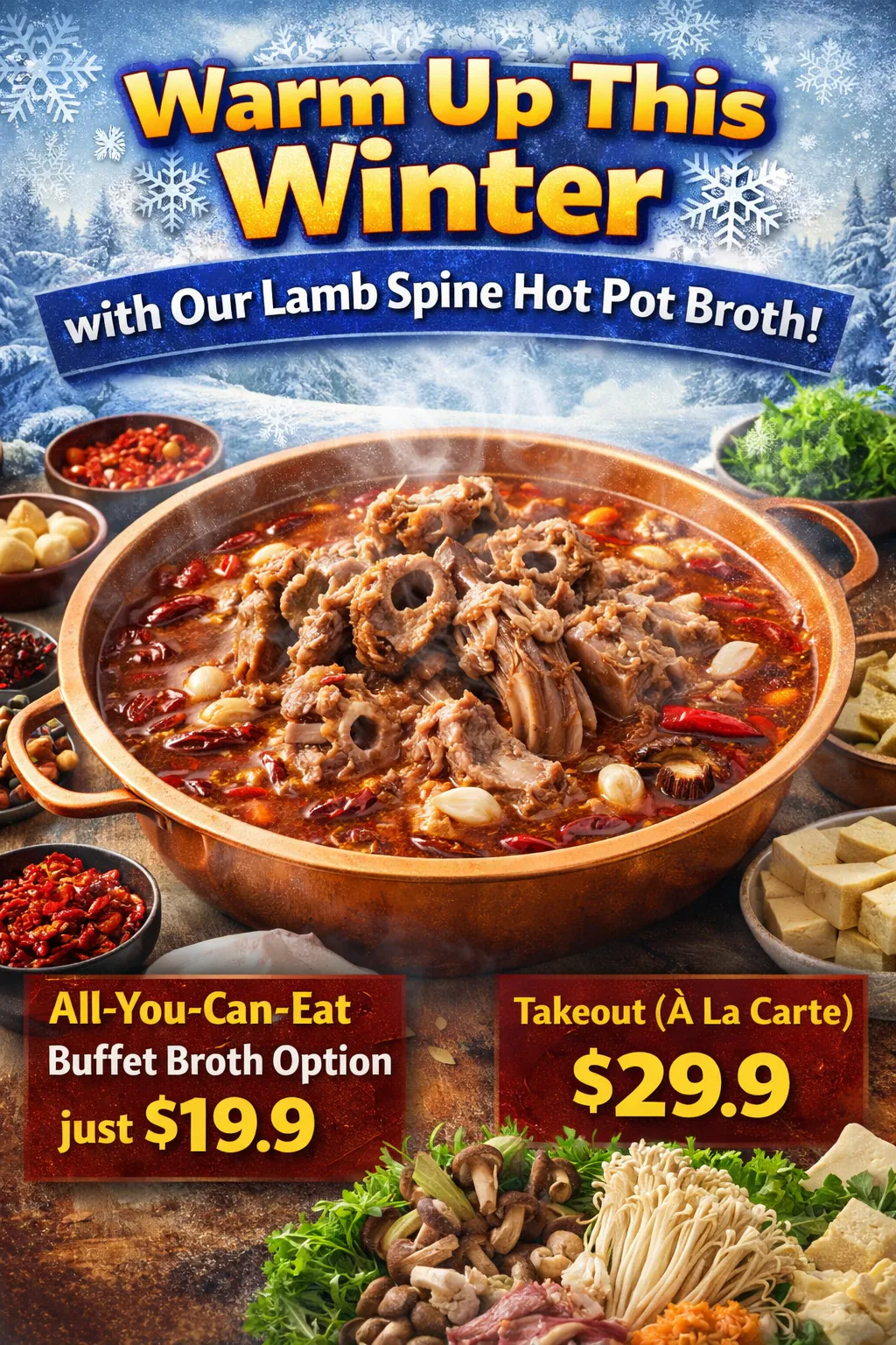 Lamb spine hot pot broth with chili peppers and spices, winter hot pot special with buffet and takeout options